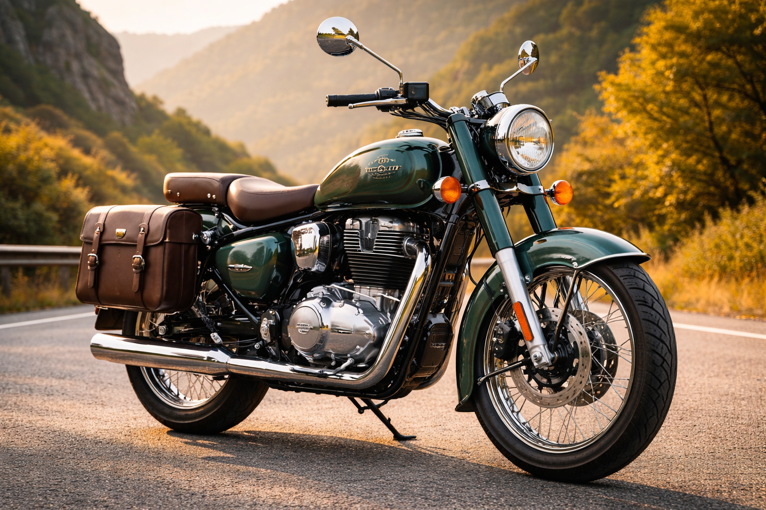 Royal Enfield Classic 2026 नई मॉडल बाइक का फ्रंट और साइड व्यू, ग्रीन कलर में क्लासिक डिजाइन के साथ
